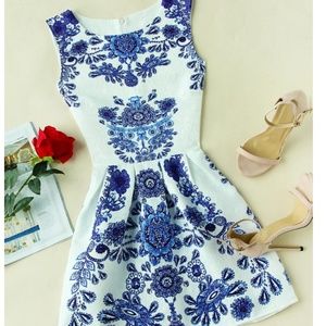 Porcelain Print Embossed Fit & Flare Dress
